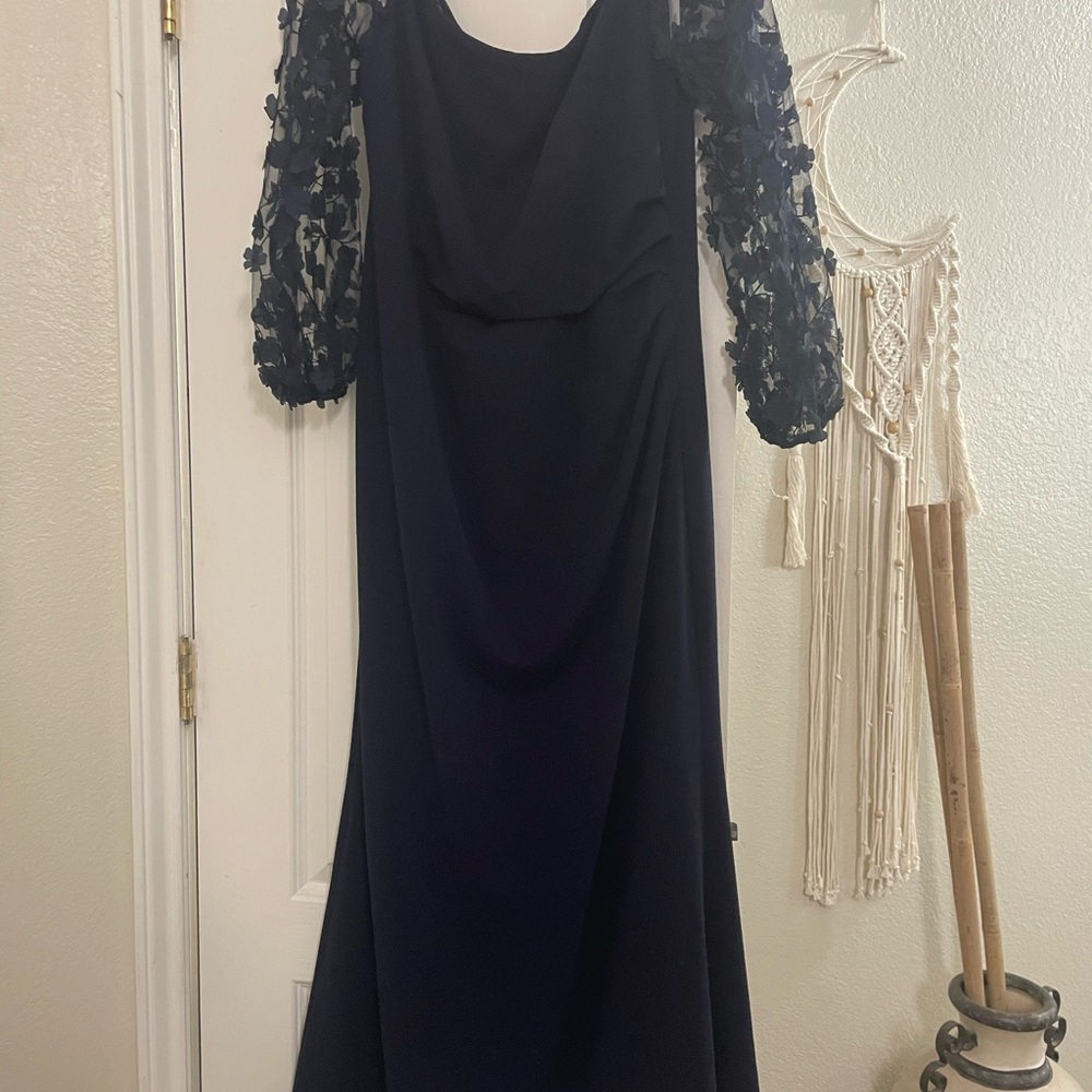 Oleg Cassini Navy Gown with Lace Sleeves